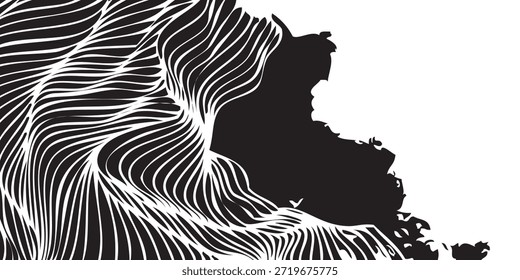 A striking abstract composition featuring flowing white lines against a black background, creating a silhouette of a landmass.