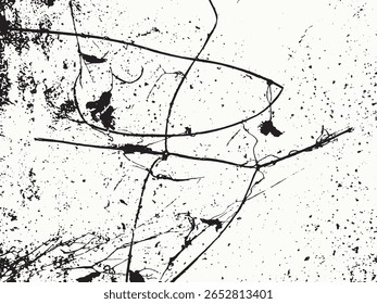 Uma composição abstrata impressionante com uma paleta preta e branca. A imagem mostra uma silhueta dinâmica de ramos e manchas contra um fundo texturizado e manchado.