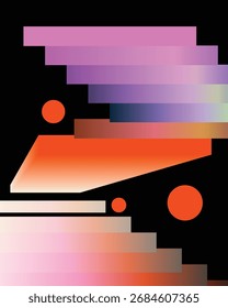 A striking abstract composition with geometric shapes in vibrant oranges, pinks, and purples. The shapes contrast against a solid black background, creating a modern visual.