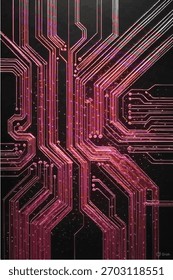 A striking abstract depiction of a printed circuit board (PCB), rendered in glowing pink lines against a deep black background