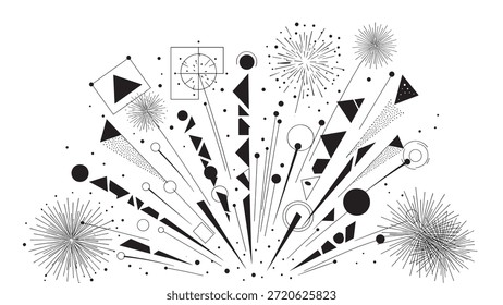 Un llamativo diseño abstracto compuesto por líneas radiantes y Formas geométricas que crean efectos de explosión estelar y patrones simétricos en blanco y negro para una declaración visual y artística contemporánea