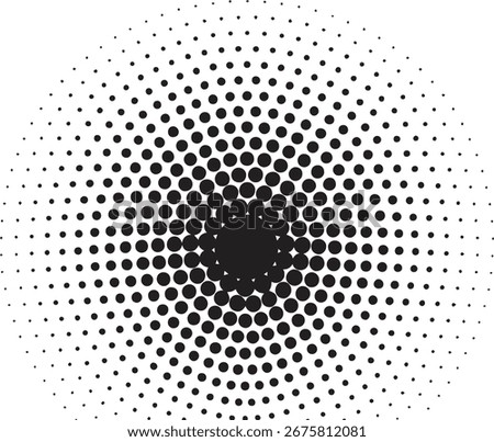 A striking abstract design features a dense, dark circular core that gradually transitions to lighter, sparser dots radiating outwards in a perfect circular pattern.
