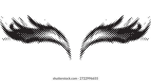 Un llamativo diseño abstracto con un patrón de semitonos en blanco y negro, creando un efecto visual dinámico que recuerda a las alas estilizadas o los ojos intensos, aislados sobre un fondo limpio.