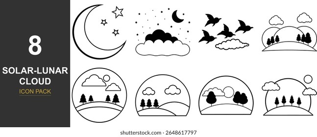 A striking abstract design featuring celestial bodies like the sun and moon, intertwined with cloud elements. The distinctive silhouette style creates a bold and graphic visual.