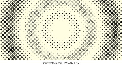 Um design abstrato impressionante com círculos de meio-tom concêntricos em transição para um padrão de estrela no centro. Perfeito para designs gráficos, marcas, cartazes ou arte digital.