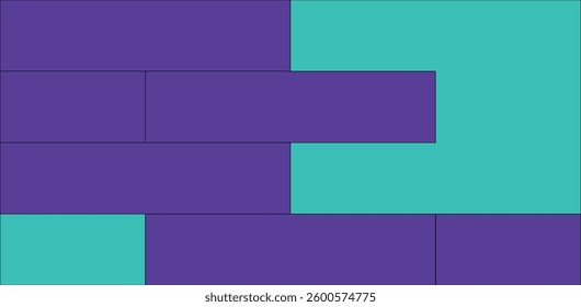 A striking abstract design featuring a dynamic arrangement of purple and teal rectangles.