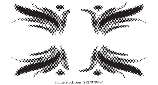 A striking abstract design featuring four symmetrical black shapes composed of halftone dots, arranged in a cross-like pattern on a clean white background, creating a dynamic visual effect.