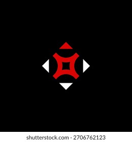Un llamativo diseño abstracto con una forma geométrica roja en el centro, rodeado de Elementos blancos, todo ello sobre un fondo negro.
