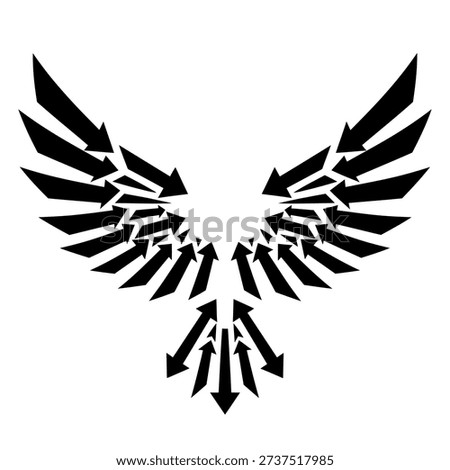 A striking abstract design featuring stylized phoenix wings formed entirely from black arrows pointing inwards, symbolizing transformation, strength, and direction.