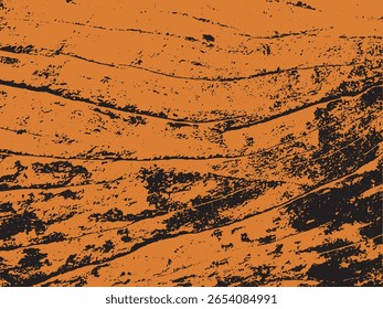 A striking abstract design featuring a textured orange background with irregular black shapes and lines creating a distressed, layered effect. The silhouette style is a distinctive feature.