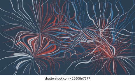 A striking abstract digital illustration featuring red, blue, and white flowing lines against a deep navy background, suitable for contemporary designs, tech visuals, and dynamic backgrounds
