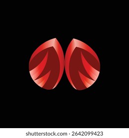 A striking abstract digital illustration featuring two symmetrical red gradient teardrop or leaf-like shapes with a sleek, metallic finish, creating a bold visual on a dark background