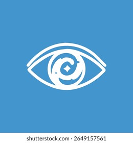 Striking abstract eye design in white on a blue background. A modern artistic concept creating a visual statement that's both captivating and unique.