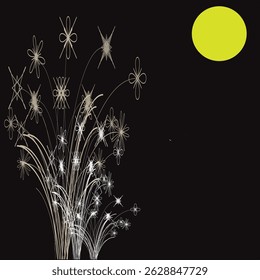 A striking abstract floral design featuring delicate white flowers and grass-like elements on a deep black background, illuminated by a vibrant yellow sun in the top corner.