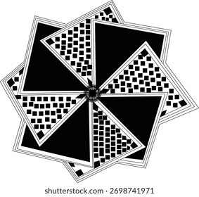 Um impressionante design geométrico abstrato com um arranjo simétrico de quadrados pretos e brancos, formando um cata-vento dinâmico ou forma de estrela contra um fundo branco limpo.