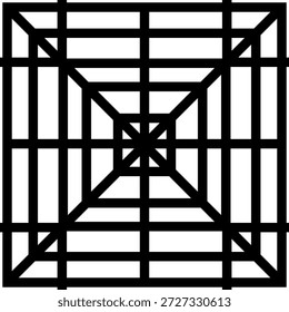 Um impressionante design geométrico abstrato com linhas negras grossas formando padrões quadrados aninhados e um ponto focal central, criando uma sensação de profundidade, simetria e ritmo visual.

