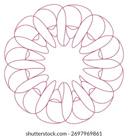 A striking abstract geometric mandala design rendered in a bold red outline against a clean white background.