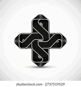 A striking abstract graphic featuring a black and white Celtic knot cross. The design uses intertwined ribbon elements for a modern, stylized look.