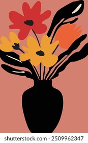 Una llamativa ilustración abstracta de un arreglo floral en un jarrón naranja, sobre un fondo rosa suave.