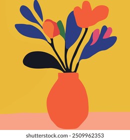 Una llamativa ilustración abstracta de un arreglo floral en un jarrón naranja, sobre un fondo rosa suave.