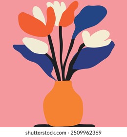 Una llamativa ilustración abstracta de un arreglo floral en un jarrón naranja, sobre un fondo rosa suave.