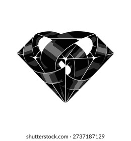 A striking abstract image of a black diamond with a stylized yin yang symbol integrated within its facets. Geometric and luxurious.