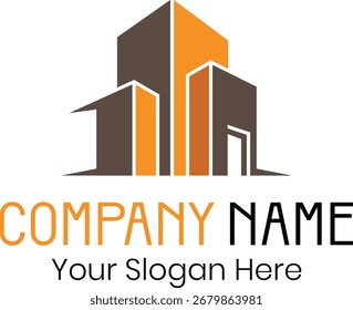 Un llamativo logotipo abstracto que representa edificios modernos con líneas geométricas nítidas en naranja y marrón. Incluye espacio para nombre de la empresa y eslogan. Profesional y dinámica. EPS-10.