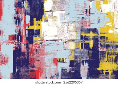 Striking abstract painting where textured layers of blue, yellow, and deep red interact, forming a visually captivating design full of modern energy and rustic appeal