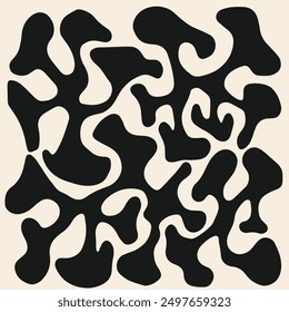 A striking abstract pattern featuring bold, organic black shapes on a white background. The fluid, amoeba-like forms create a visually dynamic and modern design, perfect for use in contemporary art, g