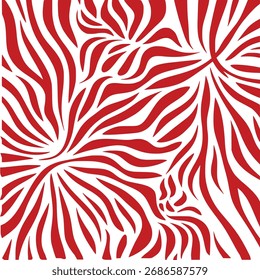 A striking abstract pattern featuring bold red stripes on a white background, creating a dynamic and organic visual texture reminiscent of zebra prints.