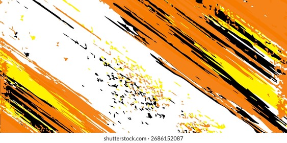 Um padrão abstrato impressionante mostra pinceladas diagonais arrojadas em laranja vibrante e amarelo, contrastadas por linhas pretas dinâmicas, todas contra um pano de fundo branco limpo, criando um design moderno
