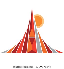 Striking abstract representation of a mountain or building with a vibrant sun element.