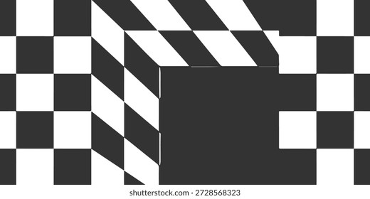  cena abstrata impressionante com uma grade quadriculada que forma um túnel de perspectiva dinâmica. A geometria em preto e branco de alto contraste evoca o design moderno, a profundidade e o movimento.