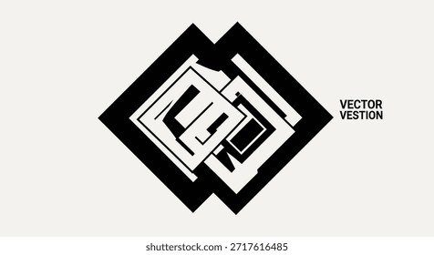 Una llamativa Ilustración vectorial abstracta que muestra un intrincado diseño geométrico cuadrado. La composición presenta Elementos contrastantes en blanco y negro que crean un patrón visualmente atractivo con