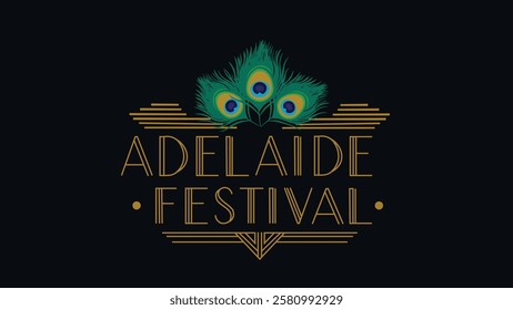 A striking Adelaide Festival logo featuring an art deco design with a vibrant peacock and golden geometric accents, symbolizing creativity and elegance in the festival