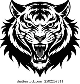 Striking Angry Tiger Black Silhouette on White Background