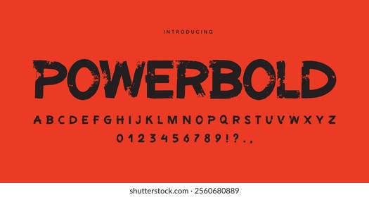 A striking announcement showcasing a bold typeface on a bright orange background. The design features large text and a complete alphabet along with numbers in a unique font style.