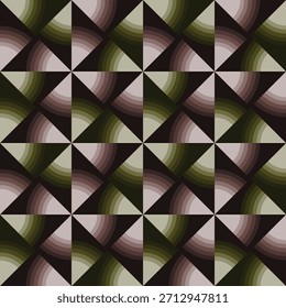 Una sorprendente disposición de triángulos de gradiente metálicos que irradian en movimientos circulares para crear una ilusión geométrica hipnótica de oscuridad a luz