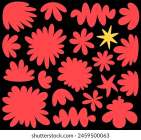 A striking arrangement of red floral silhouettes with a solitary yellow star, creating a bold contrast on a black background.