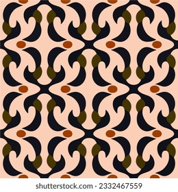 Striking art nouveau inspired pattern featuring black and brown motifs on a vibrant pink backdrop. The intricate design creates an art deco vibe, perfect for fabrics and textiles.