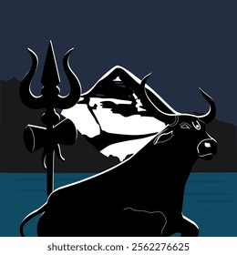 A striking artwork featuring Lord Shiva's sacred symbols - the Trishul, Damru, and Nandi bull. The serene backdrop of the Mount Kailash adds a touch of spiritual tranquility.