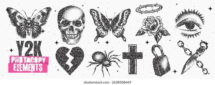 A striking assortment of distinctive Y2K photography elements features butterflies, skulls, roses, and other symbols. This creative set embodies a blend of gothic and whimsical aesthetics.
