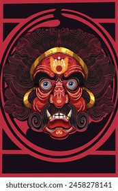 A striking, Asura mask with vivid red and gold hues commands attention, framed by a dark, crimson spiral pattern that adds a sense of mysterious depth. 