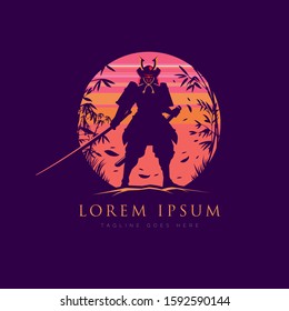 A striking and atmospheric vector illustration featuring a samurai warrior in full traditional armor. The silhouette of the ronin is set against a vibrant pink and orange retro-style sunset, framed by delicate bamboo leaves. Holding a katana in a ready stance, this professional graphic on a deep purple background is ideal for esports logos, gaming channel avatars, martial arts branding, and Japanese-themed streetwear.