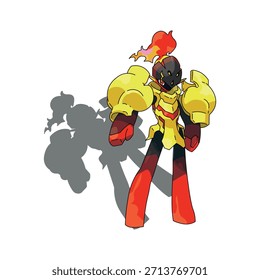 Um personagem mecha marcante e pronto para a batalha com chapeamento amarelo brilhante, acentos vermelhos e uma crista ardente. A pose dinâmica transmite poder, resiliência e força futurista para ação, ficção científica e visuais de fantasia.