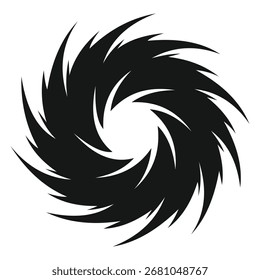 Un impresionante vórtice espiral abstracto negro, aislado sobre un fondo blanco limpio. Este diseño dinámico evoca una sensación de movimiento, energía y fuerzas naturales poderosas.