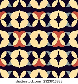 Un llamativo fondo negro con audaces formas rojas, blancas y azules, que evoca la esencia de la estética del arte deco en un patrón repetitivo y atractivo.