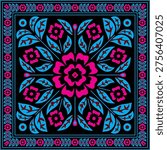 Striking black background bold folk floral square vector design with vibrant magenta pink flowers and bright blue leaves and border. Perfect for women