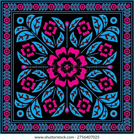 Striking black background bold folk floral square vector design with vibrant magenta pink flowers and bright blue leaves and border. Perfect for women's dupatta, square scarf, bandana, stole, and ethnic fashion accessories. High contrast eye-catching design ideal for digital fabric printing.