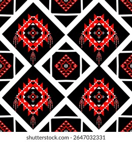A striking black background design with red diamond shapes and white grid lines. Suitable for digital paper, seamless patterns, or bold apparel prints.